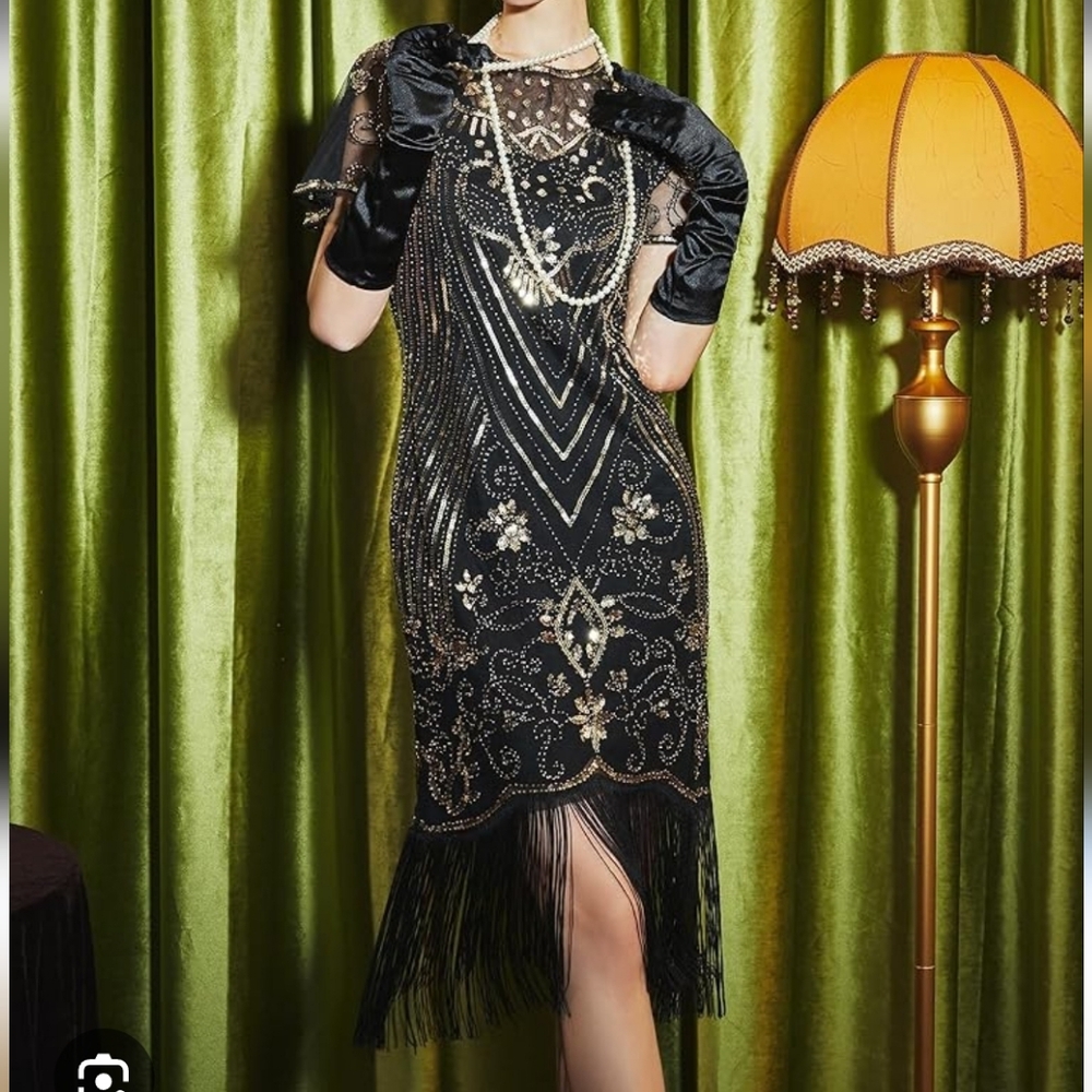 Glamorous Black and Gold Embellished Midi Dress